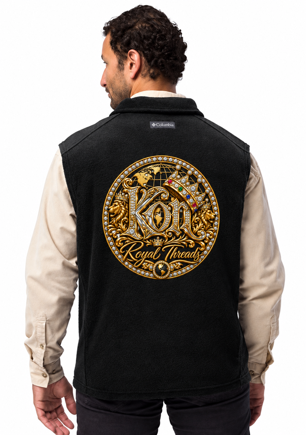 Back view of a black Columbia fleece vest displaying a large gold King of Nations Royal Threads crest